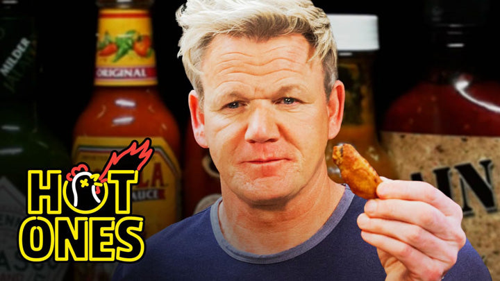 Gordon Ramsay eating hot sauce on Hot Ones