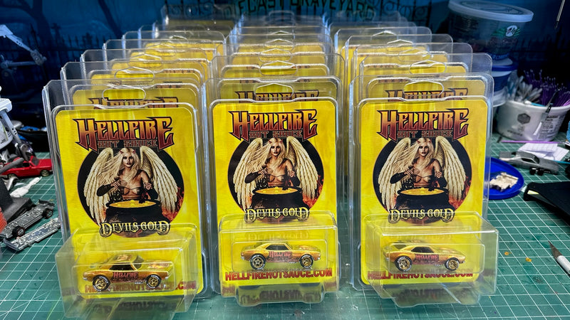 Limited Edition Hellfire Hot Sauce "Devil's Gold" Custom diecast Hot Wheels Car.