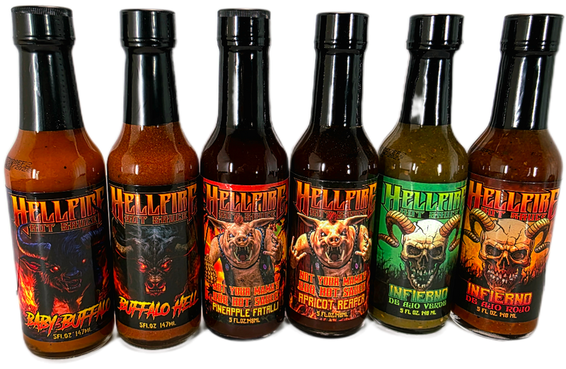Seven bottles of Hellfire hot sauce with various labels on a white background