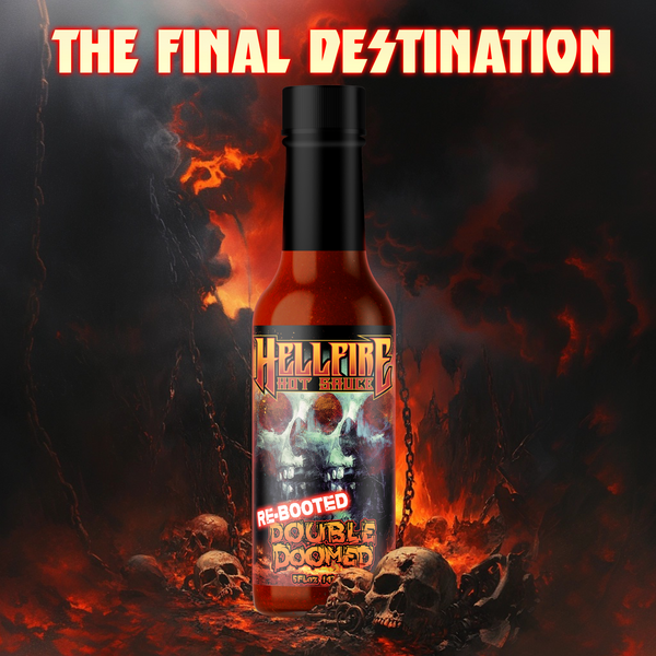 Hellfire Hot Sauce Re-Booted Double Doomed bottle on a fiery skull background
