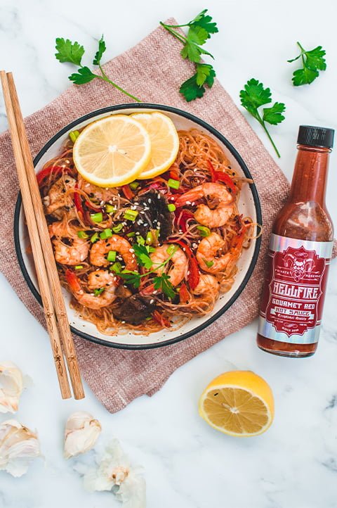 Spicy Gourmet Shrimp Noodles – Hellfire Hot Sauce