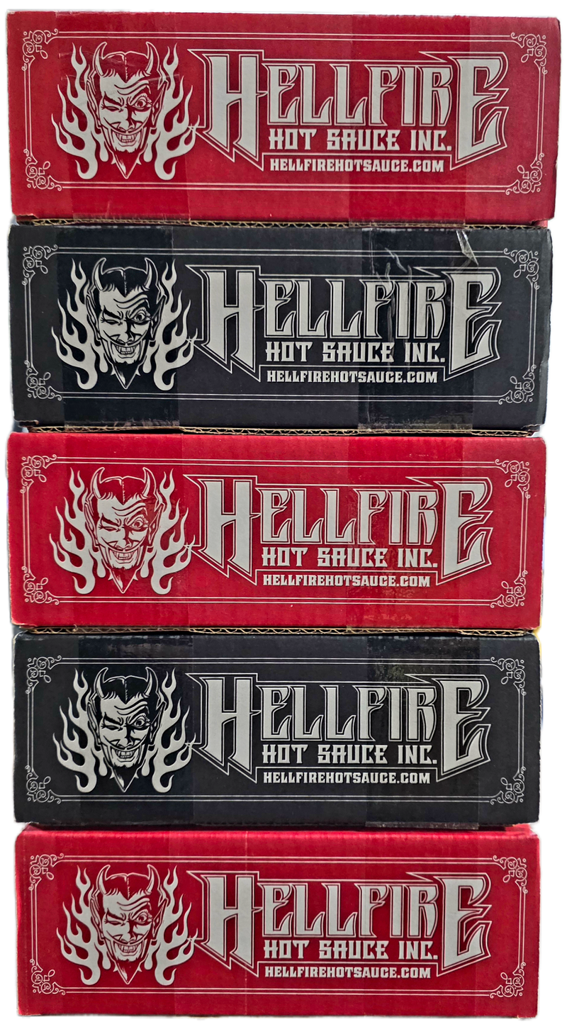 Stack of Hellfire Hot Sauce Inc. packaging in red, black, and white.