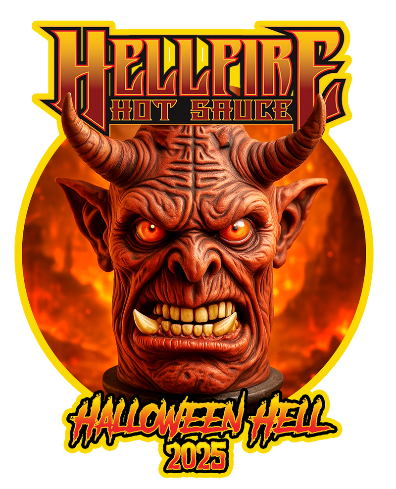 Hot sauce label with a devil-like creature and 'Hellfire Hot Sauce' text on an orange background.