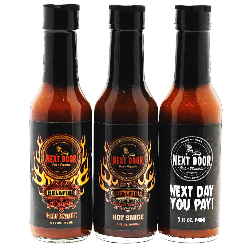 Next Door Pub Set with Bourbon Chipotle, Red Jalapeno & Next Day You Pay Hot Sauce 3 Pack - Next Door Pub Set with Bourbon Chipotle, Red Jalapeno & Next Day You Pay Hot Sauce 3 Pack - Hellfire Hot Sauce