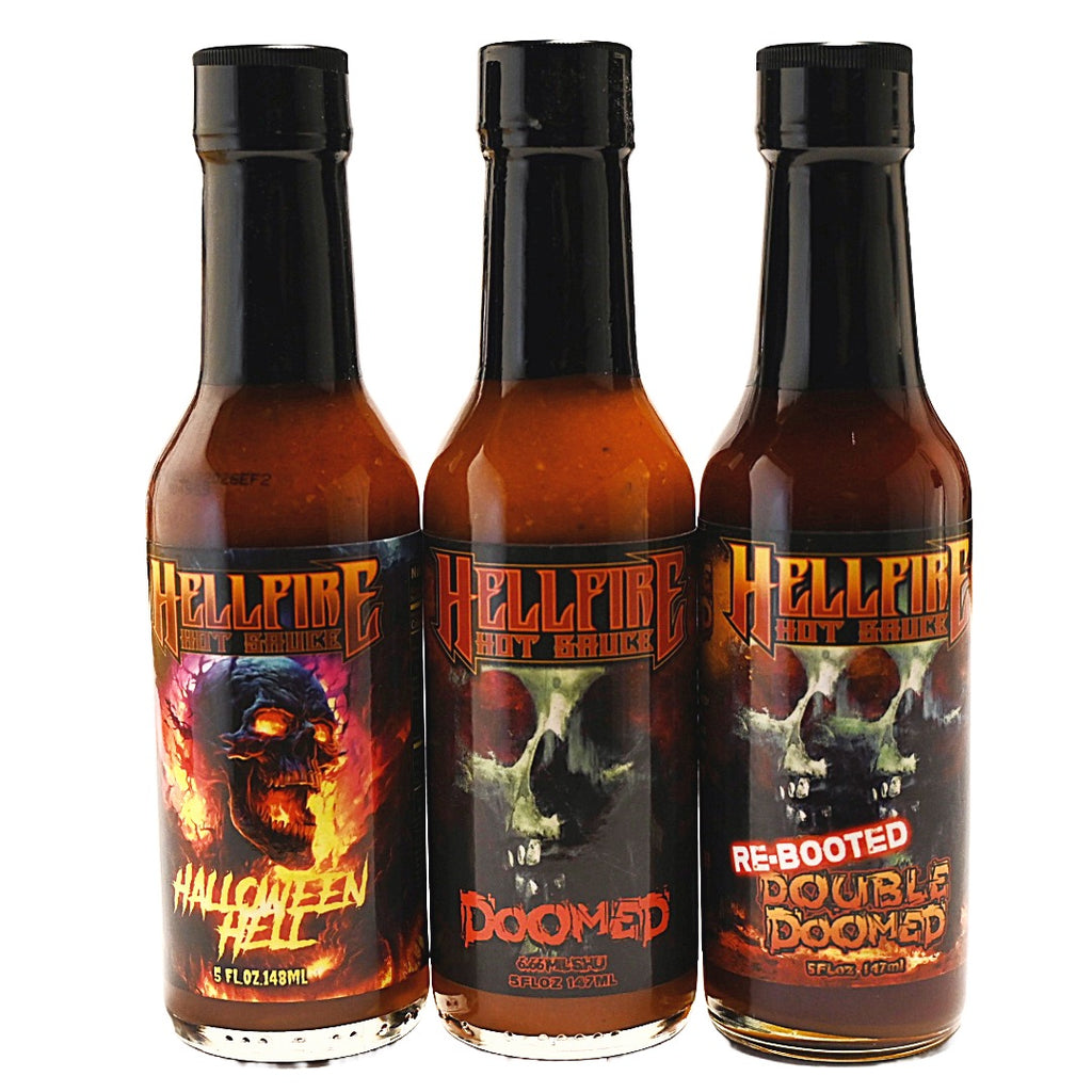 Hellfire Hot Sauce 3-Pack – Doomed, Fear This, And Kranked – Extreme Heat, Gluten Free, Expires 2025